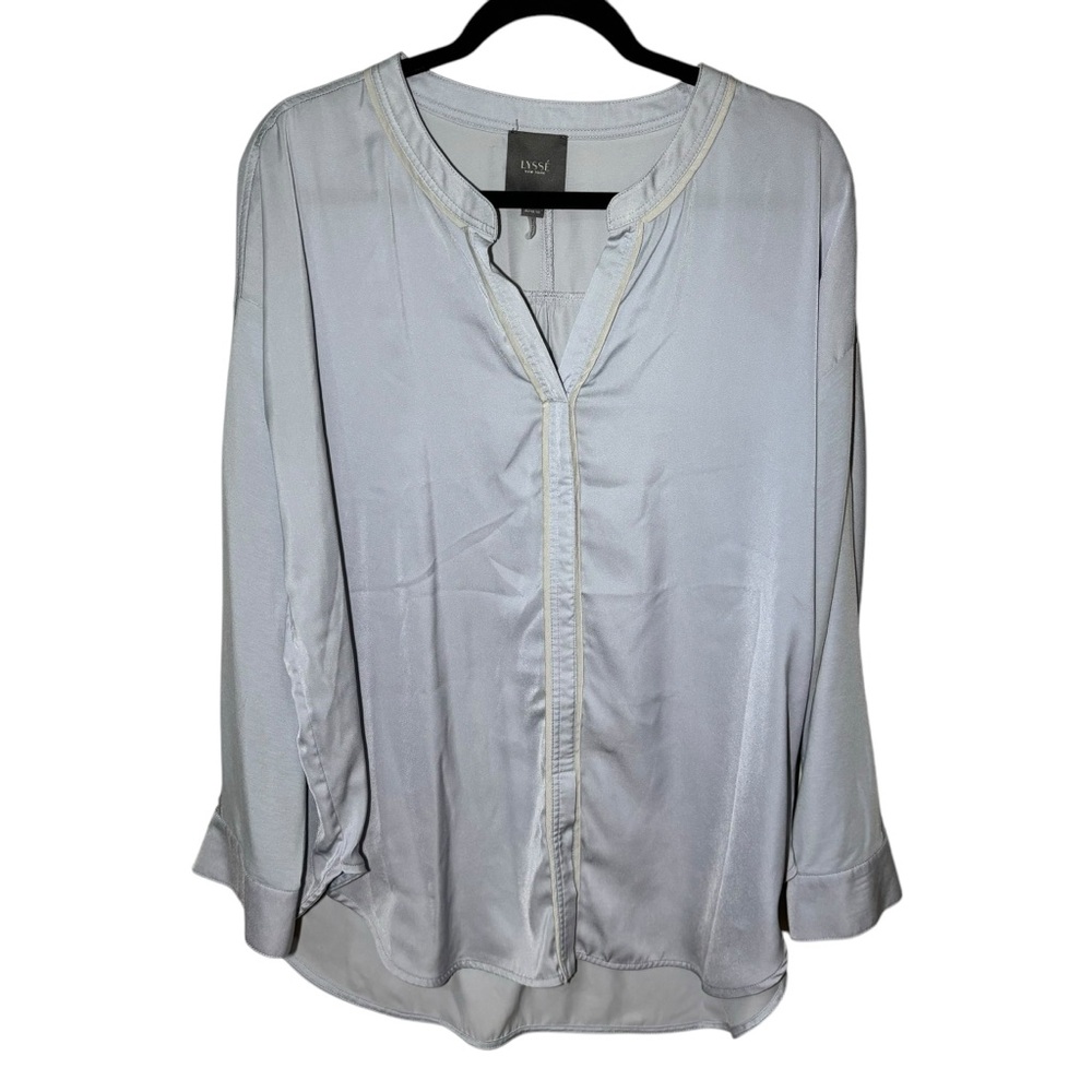 Lysse Women's XL Mika Piped Trim Top Tunic Blouse V Neck Chiffon Long Sleeve